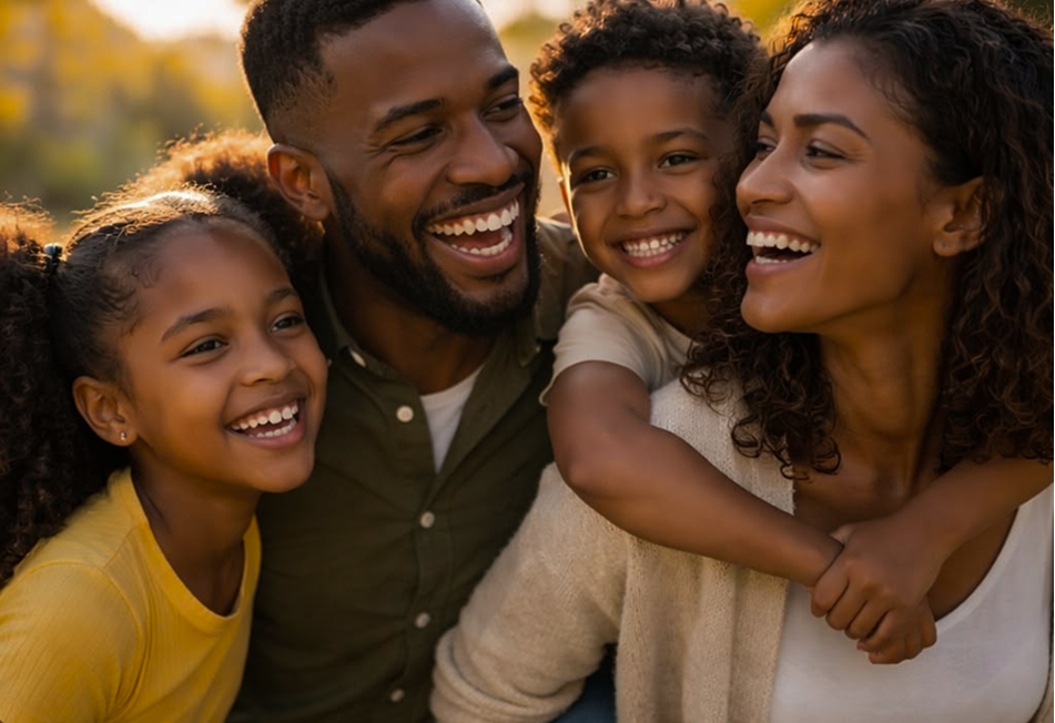 A mother and father laughing outdoors with their daughter and son at golden hour